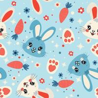 Cute Kawaii Bunny Seamless Pattern with Carrots and Flowers on a Soft Blue Background vector