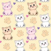 Cute Kawaii Cat Seamless Pattern with Paw Prints and Hearts on a Beige Background vector