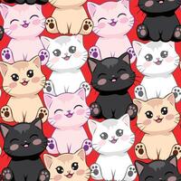 Cute Kawaii Cat Seamless Pattern with Playful Kittens on a Red Background vector