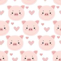 Cute Kawaii Pig Seamless Pattern with Hearts on a White Background vector