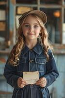 A little girl in a blue dress holding a letter photo