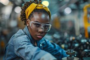 An african american woman in safety glasses working on machinery photo