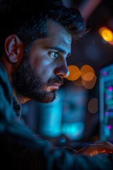 A man is working on a computer at night photo