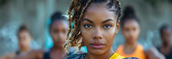 A woman with braids in her hair is looking at the camera photo