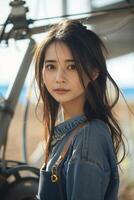 A young woman in denim overalls standing next to a bicycle photo
