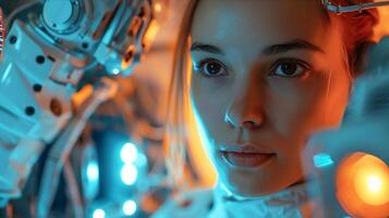 A woman in a space suit is looking at the camera photo