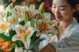 A woman holding a bouquet of lilies photo