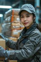 Asian woman in uniform holding boxes in warehouse photo