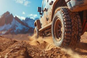 A jeep driving on a dirt road in the mountains photo