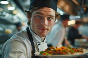 A passionate chef presenting a colorful plate of gourmet cuisine in a professional kitchen environment. photo
