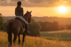 A woman riding a horse in a field at sunset photo