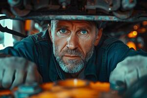 A man looking under the hood of a car photo