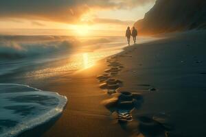 A couple walking on the beach at sunset photo