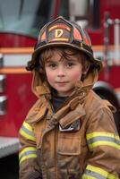 A young boy in a firefighter's outfit photo