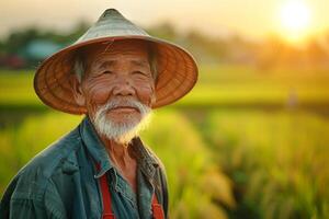 An old man wearing a hat in a rice field photo