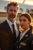 A man and woman in business attire standing next to an airplane photo