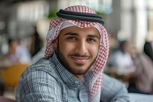 A man in a headscarf sitting at a table photo