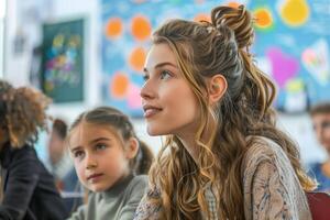 A girl sitting in front of a classroom with other students photo