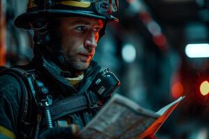 A firefighter is reading a map photo