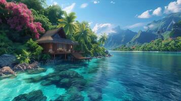 Tropical island with a hut on the shore photo