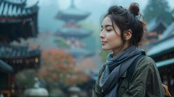 A woman in a scarf is looking at a pagoda photo