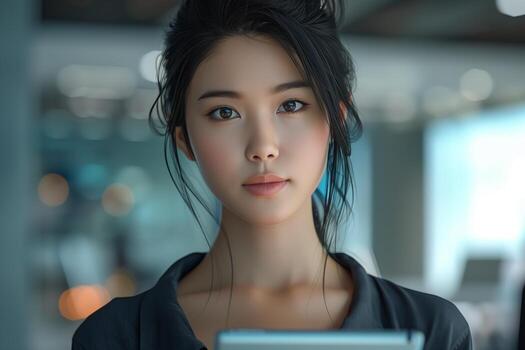 A woman holding a tablet computer in front of her photo