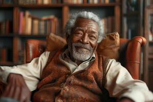 A joyful elderly man relaxing in a cozy armchair surrounded by books, exuding warmth and wisdom. photo