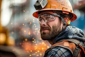 A man wearing a hard hat and glasses photo