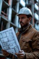 A man in a hard hat holding a blueprint photo