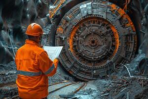A man in an orange vest is standing in front of a large tunnel photo