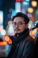 Man with glasses and jacket in city at night photo