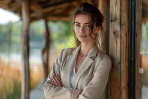 A woman in a business suit standing by a wooden porch photo