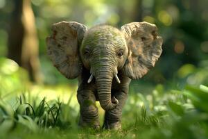 An elephant is walking through a lush green forest photo