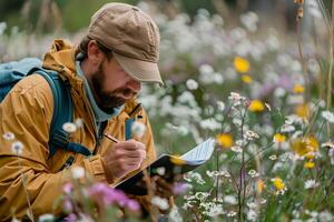 A man with a backpack is writing in a field of wildflowers photo