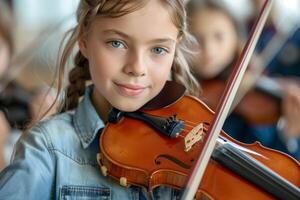 A young girl is playing the violin in front of other children photo