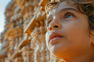 A young boy looking up at a building photo