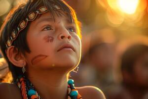 A young boy with a headdress and a painted face looks up photo