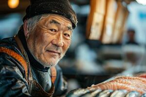 An old man is sitting at a fish market photo