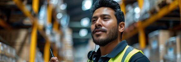 A man in a warehouse with a clipboard photo