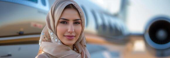 A beautiful woman in a headscarf standing next to a private jet photo