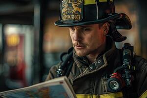 A firefighter is reading a map photo