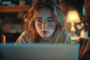 A focused young woman with glasses working on a laptop in a cozy, well-lit environment. photo