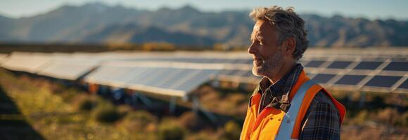 A man in an orange vest standing in front of solar panels photo