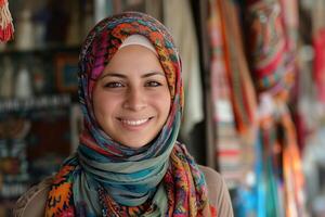 A woman wearing a headscarf smiles for the camera photo
