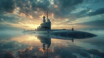 A submarine in the water at sunset photo