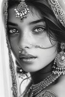 A black and white photo of a woman in traditional indian clothing