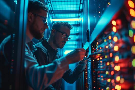 Two men in a server room looking at a computer screen photo