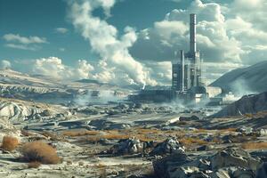 A futuristic industrial landscape featuring smokestacks and rocky terrain under a cloudy sky. photo