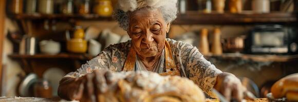 An elderly woman is making bread in a kitchen photo
