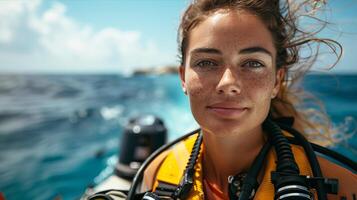 A woman in a scuba suit on a boat photo